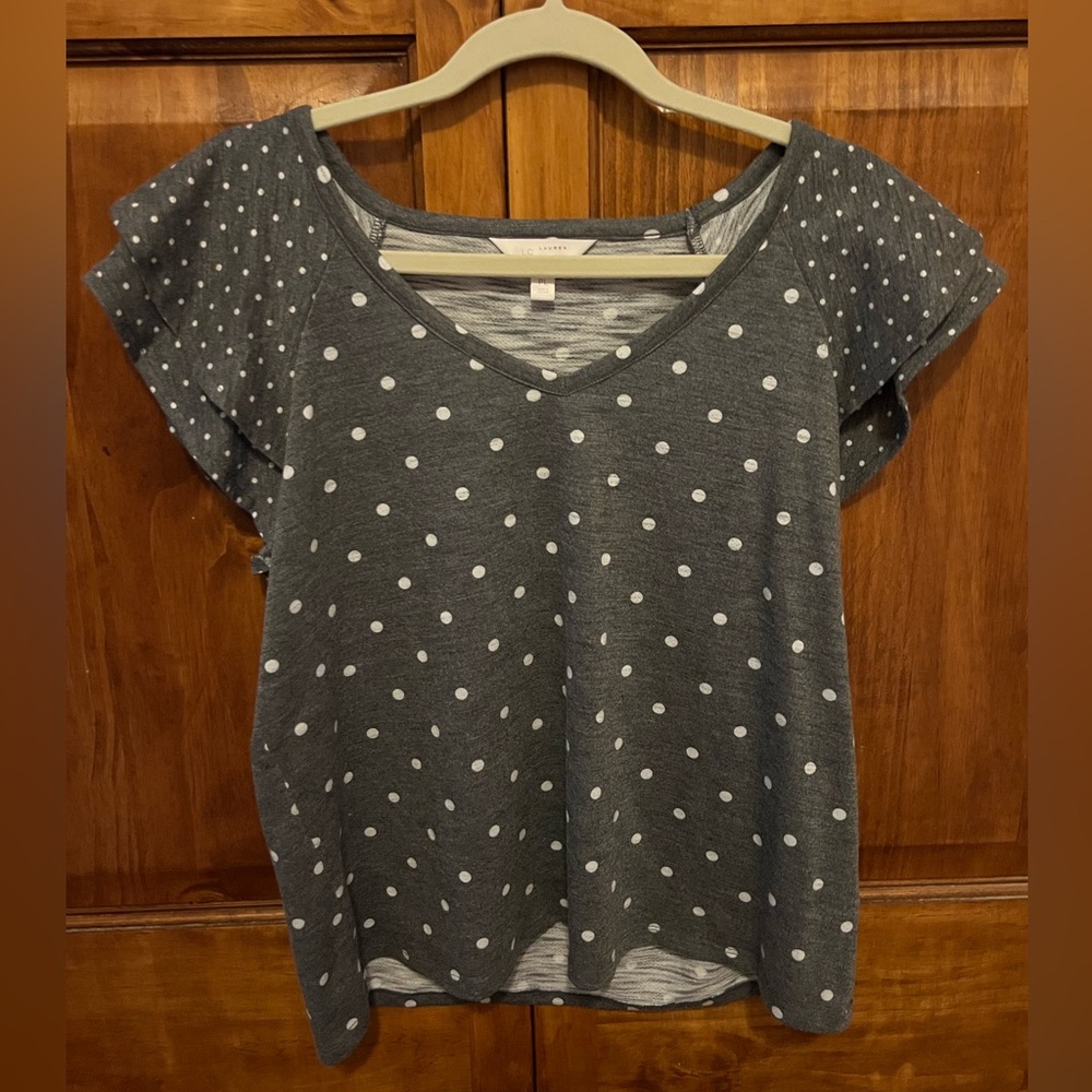 LC Lauren Conrad Charcoal Polka Dot Blouse